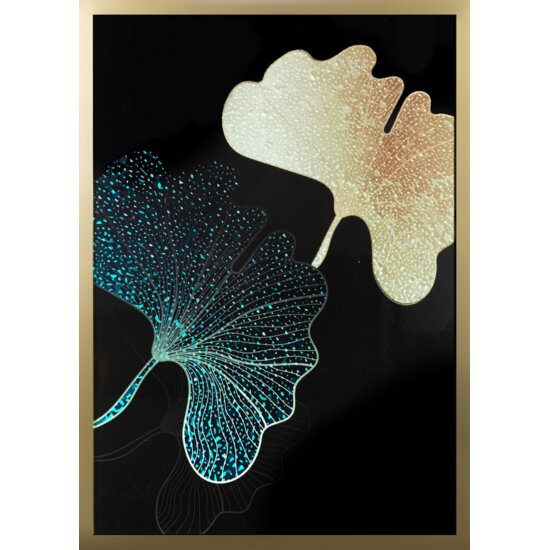 Obraz z nadrukiem liści miłorzębu w złotej ramce - 53 x 73 cm - czarny